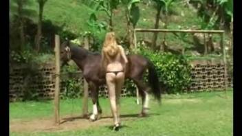Crazy horse zoophilia in outdoor with a hot blonde