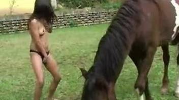 Sexy nude babe ends up sucking and fucking the huge horse cock