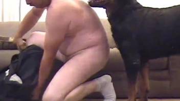 Fat owner sucks his dog and gets banged on the floor