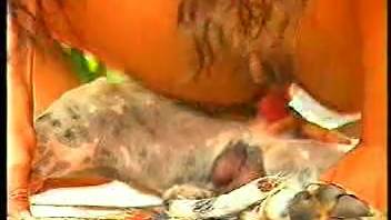 Wavy-haired dark-haired woman engulfs entire canine penis in her mouth