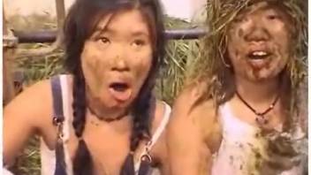 Filthy feces sex video with beasts featuring two Asian whores