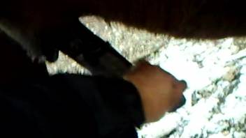 Aroused dude jerks off the massive horse dick till it spurts cum