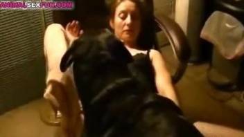 Home sex with a dog for woman in black lingerie