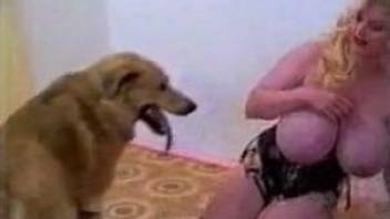 Chubby blonde with huge tits enjoys a orgy with guys and dogs