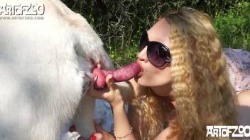 Pale-skinned blonde lady wants this dog to fuck her up