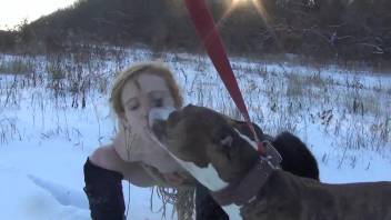 Ginger hottie shows tons of affection for her pooch