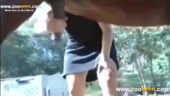 Intense sex scene featuring a tall-legged dark-haired woman into bestiality
