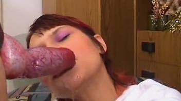 Redheaded lady practicing oral with a horny beast