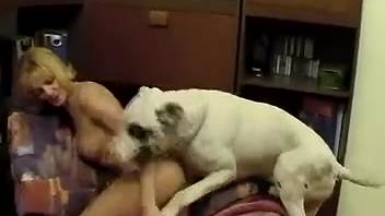 Blonde vixen stroking her slit and screwing a canine