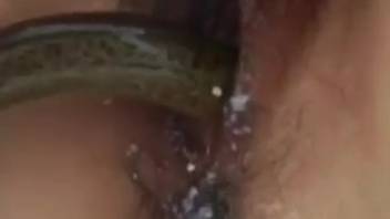 Mature woman stuffs enormous beast dick into her pussy, authentic close-up