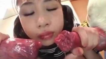Student teen blowing cocks and acting like a naughty slut
