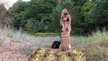 Long-legged Latina woman savoring intense intercourse with a canine