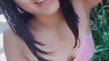 Latina babe gets licked by a dog in a selfie porn video