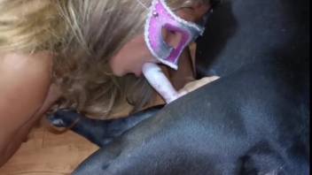Blonde chick blows the mutt's cock before shoving it in her pussy