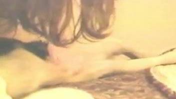 Fat brunette with natural tits licked by a horny dog
